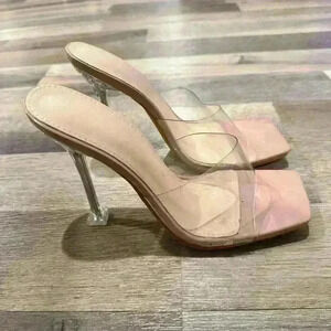 Fashion Sandals For Women, Clear Strap Sculptural Heeled Mule Sandals Sz.10